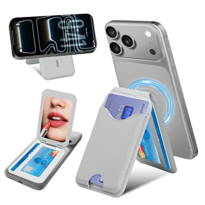 Upgraded for MagSafe Wallet with Makeup mirror，Stronger Magnetic rfid blocking Wallet for iPhone Air 17 16 15 14 13 12 Pro Max,5 Cards Holder with Adjustable Stand - color: Gray