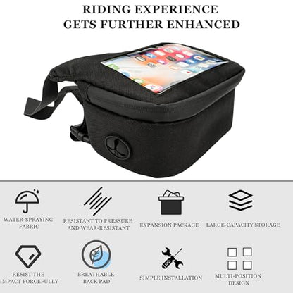 Bike Handlebar Bag – Waterproof Bicycle Handlebar Bag with Sensitive TPU Touchscreen Phone Holder, Front Frame Pouch for Road & Mountain Bikes, Large Capacity Cycling Storage Bag
