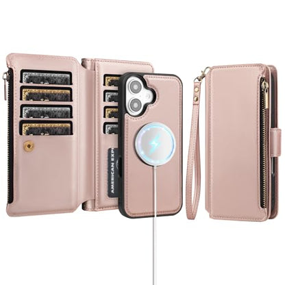 Antsturdy Compatible with MagSafe iPhone 17 Wallet Case,Rose Gold | Detachable Magnetic Credit Card Holder,RFID Blocking,PU Leather Zipper Purse,Wrist Strap Kickstand,Flip Phone Cover for Women - color: (Detachable with Magsafe)-Rose Gold