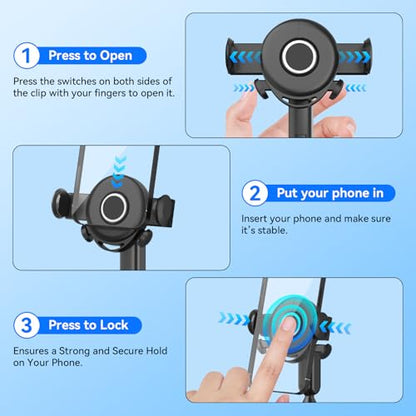 Universal 360° Dashboard Phone Holder – Clip-On Car Phone Mount with One-Push Lock, Fits 4–7 Inch Smartphones, No Adhesive, Multi-Mount for Dashboard, Sun Visor, or Rearview Mirror (Black)