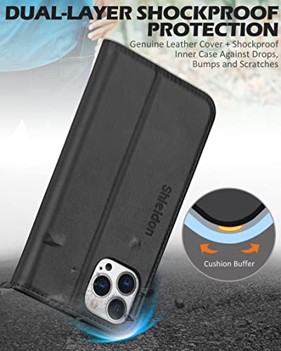 SHIELDON Genuine Leather Wallet Case for iPhone 13 Pro Max 6.7" 2021, Black | Magnetic Closure, RFID Blocking, Credit Card Holder, Kickstand, Folio Book Design, Shock Absorbing Protective Cover - color: Black