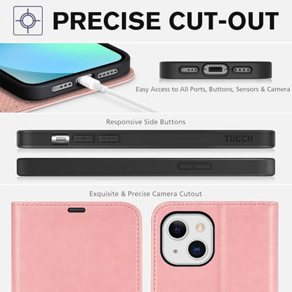 TUCCH Wallet Case for iPhone 13 (6.1") 2021, 3 Card Holders, Rose Gold | RFID Blocking, Viewing Stand, Shockproof TPU Shell, PU Leather, Magnetic Closure, Protective Folio Flip Cover - color: Pink