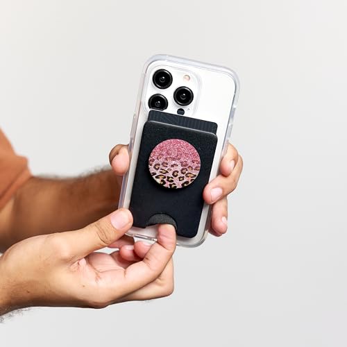 Cute Pink Leopard Print Pattern Fashion Design on Black PopSockets PopWallet for MagSafe - style: Magnetic PopWallet
