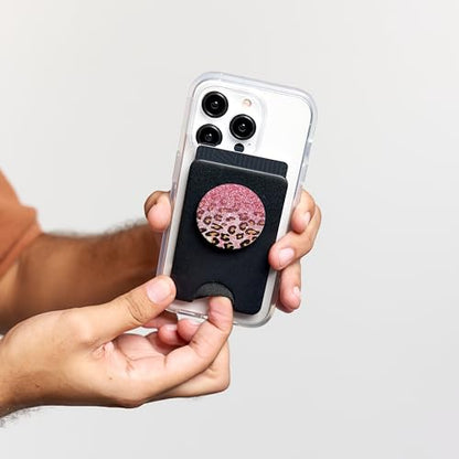 Cute Pink Leopard Print Pattern Fashion Design on Black PopSockets PopWallet for MagSafe - style: Magnetic PopWallet