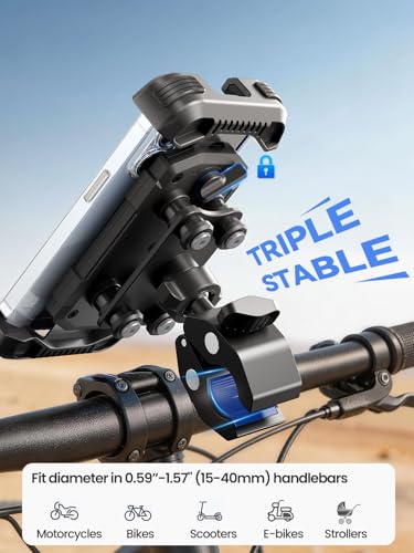 tounee Motorcycle Phone Holder Mount -Dual Vibration Dampener, Tool-Free Bike Phone Holder Handlebar Clip & Secure Lock for iPhone 16/15 Pro Max, 4.7-6.7" Phones - Black