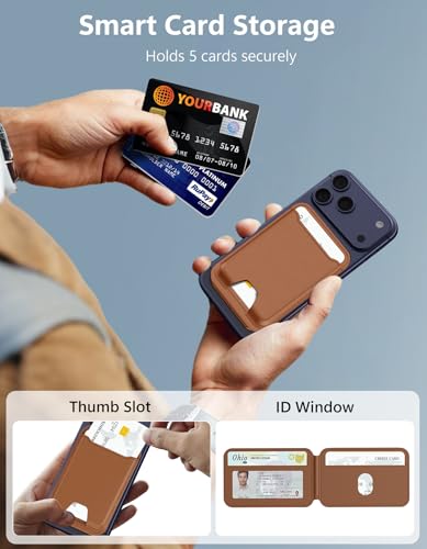 TopMade for MagSafe Wallet with Adjustable Stand, Magnetic Phone Card Holder for iPhone 17/16/15/14/13/12 Series, RFID Blocking Premium Leather, ID Window, Holds 5 Cards, Brown - color: Brown