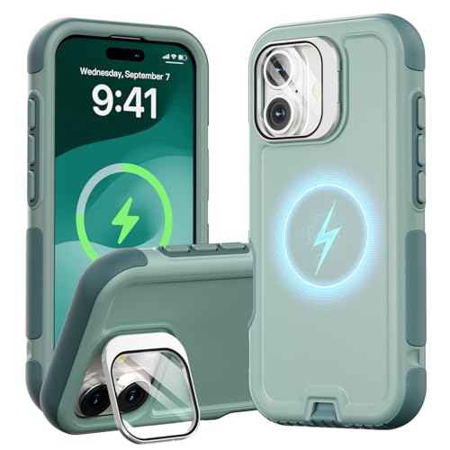 Follaroma Magnetic for iPhone 17 Case with Camera Stand, Green, 6.3" | Built-in Glass Camera Cover,Compatible with MagSafe,Heavy Duty Shockproof Protective,Military-Grade Anti-DropDual Layer Cover - color: Green, size: iPhone 17 6.3''