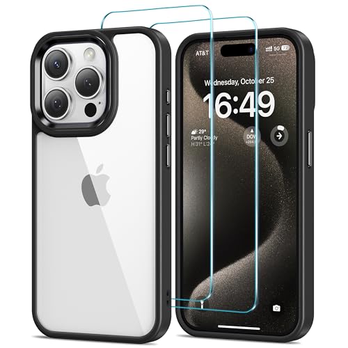 HOOMIL Case for iPhone 15 Pro Phone Cover with 2-Pack Tempered Glass Screen Protector, Non-Yellowing, Drop Protection, Anti-Scratch, Transparent, Hard Back - Black Clear - color: Black, size: iPhone 15 Pro