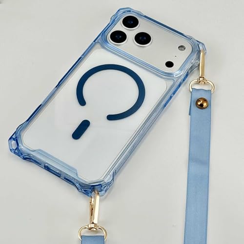 Magnetic for iPhone 17 Pro Crossbody Phone Case,Mist Blue,Clear Magnetic Soft Frame PC Back Shockproof Protective Phone Cover with Adjustable Detachable Lanyard,Compatible with MagSafe - color: Mist Blue, size: iPhone 17 Pro