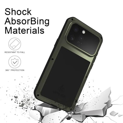 LOVE MEI Military Rugged Case for iPhone 16 Pro Max, with Tempered Glass Screen Protector, Shockproof Dustproof Scratch Proof Hybrid Metal and Silicone Gel Heavy Duty Full Body Cover Green - color: Green