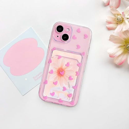 NITITOP Compatible with iPhone 15 Case Clear with Card Holder Cute Pink Love Heart Pattern Design Design Soft TPU Shock-Absorbing Wallet Case Protective Cover - Pink - color: Pink, size: iPhone 15
