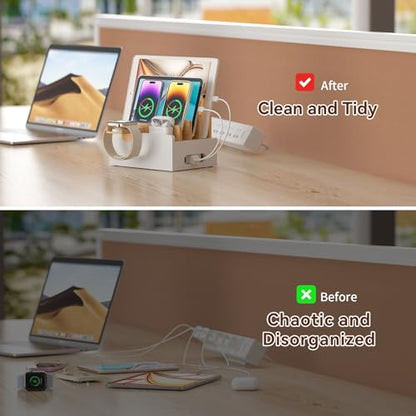 Pezin & Hulin Bamboo Charging Station with USB Charger&Cables-Natural+White - color: Natural + White(With Charger)