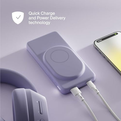 Clemm Portable 10000 mAh Wireless Power Bank, Compatible with MagSafe, Travel Essential, Quick Charging for iPhone 16/15/14/13/12/11/X - USB-C × 1 & USB-A × 1, Lavender - color: Lavender