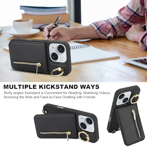 Crossbody Wallet Case for iPhone 11, with Card Slots Zipper Pocket Case, Flip Folio Purse RFID Blocking with Ring Kickstand Detachable Strap-Black - color: Black, size: iPhone 11(6.1")