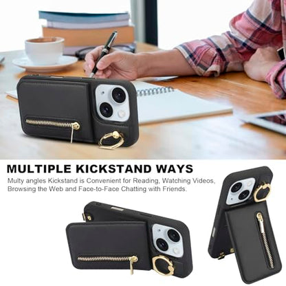 Crossbody Wallet Case for iPhone 11, with Card Slots Zipper Pocket Case, Flip Folio Purse RFID Blocking with Ring Kickstand Detachable Strap-Black - color: Black, size: iPhone 11(6.1")