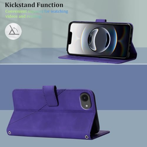 Flip Wallet Case for iPhone 17e/16e, Wrist Strap, Purple | Embossed PU Leather, Detachable Wrist Strap, Card Slots, TPU Inner, Cash Pocket, Magnetic Closure, Stand, Precise Cutouts - color: Purple