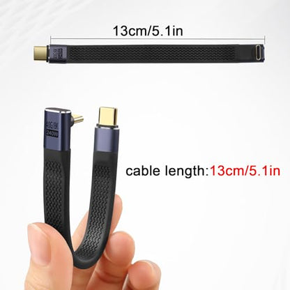 QIANRENON 240W USB4.0 C Male to 90° Angle Type C Male PD Fast Charging Short Cable 40Gbps USB Type C 4.0 Flat Soft Data Cable, for Thunderbolt 3/4 Power Bank Smartphone, 13cm/5.1in (Positive Bend)