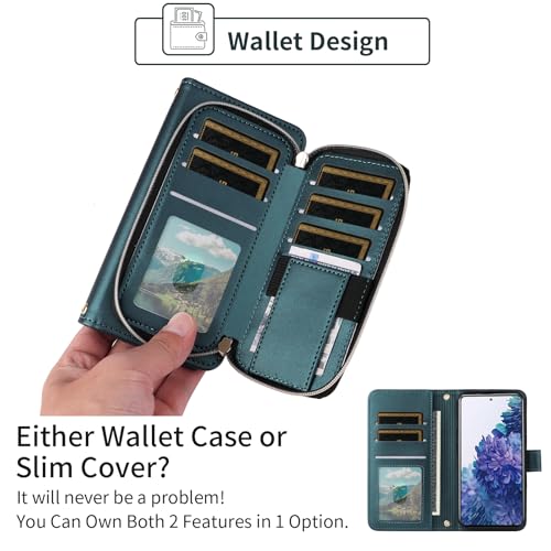 Wallet Case for Samsung Galaxy S20 FE 5G 6.5 inch with Wrist Strap, 9+ Card Slots Zipper Purse, PU Leather Stand Phone Cover for S 20 EF UW S20FE5G S20FE 20S S2O Fan Edition 4G G5 Green | Wrist/Shoulder Strap, 9+ Card Slots, Luxury PU Leather Phone Cover