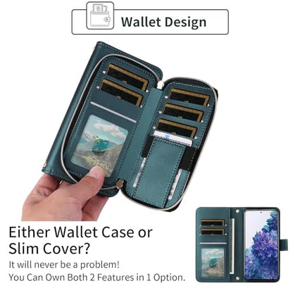Wallet Case for Samsung Galaxy S20 FE 5G 6.5 inch with Wrist Strap, 9+ Card Slots Zipper Purse, PU Leather Stand Phone Cover for S 20 EF UW S20FE5G S20FE 20S S2O Fan Edition 4G G5 Green | Wrist/Shoulder Strap, 9+ Card Slots, Luxury PU Leather Phone Cover