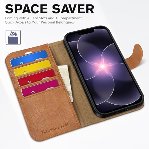 TUCCH Wallet Case for iPhone 17e/16e (6.1"), 4 Card Holders, Light Brown | RFID Blocking, Viewing Stand, Shockproof TPU Shell, PU Leather, Magnetic Closure, Protective Folio Flip Cover - color: Brown - Textured
