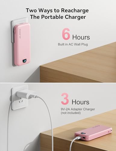 Portable Charger Power Bank 10000mAh with Built in Cables & Wall Plug - color: Light Pink