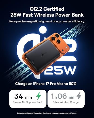 Baseus Picogo AM52 MagSafe Power Bank, Qi2.2 25W 10,000mAh Magnetic Portable Charger, 0.6" Slim 45W USB-C Fast Charging Alloy Wireless Battery Pack, Travel Essential for iPhone 17/16/15/14/13/12 Only - color: Black