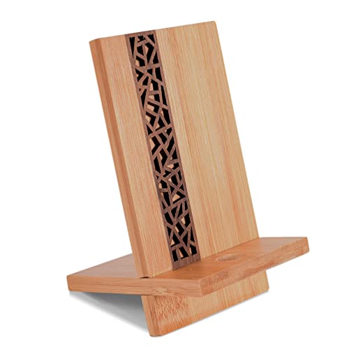 Mobile Stand Japanese Style Cellphone Holder Desktop Organizer Charging Station Compatible with All Smartphones Tablets Natural Bamboo Wood Portable Adjustable Angle (Pattern-Hole) - style: PATTERN-HOLE
