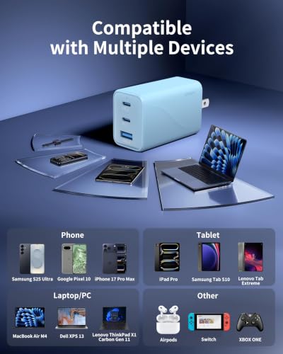 65W USB C Charger GaN, Foldable 3-Port Wall Charger Block, Fast Charging for MacBook Air, iPhone 17/16/15 Series, Samsung Galaxy S25/S24/S23, iPad Pro/Air (Blue) - color: Blue S