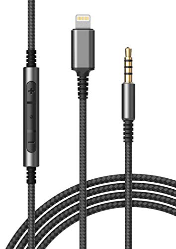 (Apple MFi Certified) Replacement Headphone Cable with iPhone Lightning Connector (3.5mm) Audio Aux Cord with Mic & Volume Control Remote (Compatible with Beats/Sony/Sennheiser and Audio Tech) - color: Black