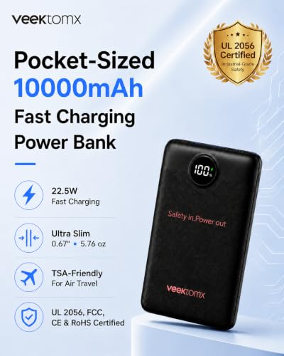 VEEKTOMX 10000mAh Mini Power Bank, 22.5W Fast Charger for iPhone Android - color: Black