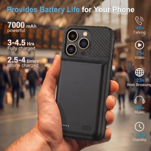 Battery Case for iPhone 16 Pro Max, Ultra-Slim Travel Portable Charging Case, 2026 Upgrade 7000 mAh Extended Battery Life, Premium Materials Rechargeable Charger Case Black