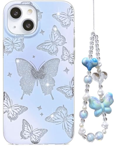 Abbery for iPhone 13/14/15 Case Clear Glitter Butterfly Sparkle Design wtih Wrist Strap Bracelet Cute Bling Aesthetic Girly Women Protective Shockproof Girl's Blue Purple Phone Cover (Butterfly) - color: Butterfly, size: for iPhone 13/14/15