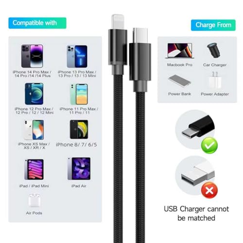 for Braided Long USB C to Lightning Cable 13FT 27W Fast Charging 2 Pack - color: Black, size: 13 feet/4 meters