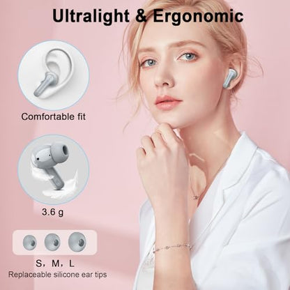 Wireless Headphones, 2026 Bass-3.0 Bluetooth 5.4 Earbuds 3D-Stereo Ear Buds, 4 ENC Noise Cancelling Mic, 40+Hrs USB-C in-Ear Earphones, IP-X7 Waterproof Sport Workout Gym for Laptop Pad Android iOS - color: Marble Gray
