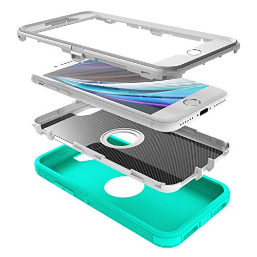 MXX Case Designed for iPhone SE Case 2020 /SE 2022 Heavy Duty Protective Case with Screen Protector [3 Layers] Rugged Rubber Protection Cover & Rotating 360 Degree Belt Clip SE 3rd/2nd Gen(Aqua/White) - color: Aqua/White