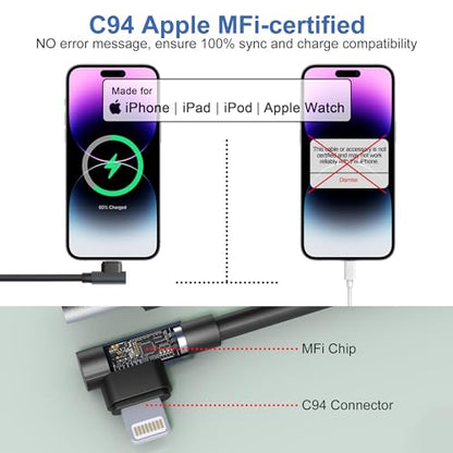 USB C to Lightning Cable 90 Degree 3FT 2Pack, PD 27W Coiled iPhone Charger Fast Charging for Car [Apple MFi Certified] Short USB C iPhone Cord with Data Sync for iPhone14 13 12 11 X iPad CarPlay