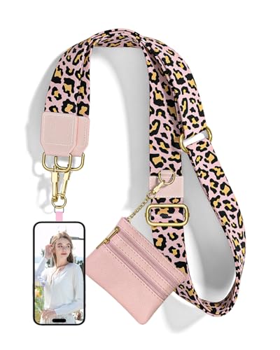 Nipichsha Crossbody Phone Strap with Wallet, Clip and Go Strap for Phone - color: Pink Leopard