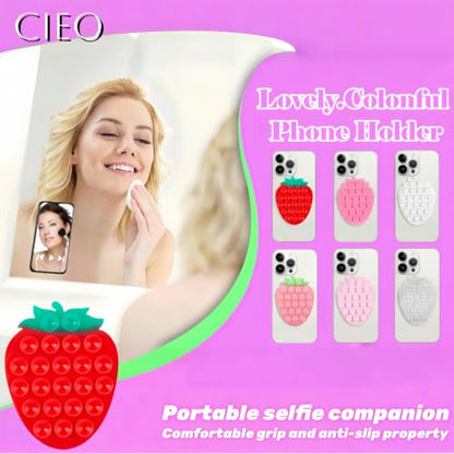 CIEO SuctionPhone Grip, Strong Silicone Suction,Strawberry Sticky Grip,Suitable for Selfies and Videos on Mirrors, Bathrooms and Smooth Surfaces, Compatible with iPhone (Strawberry Red) - color: Strawberry Red