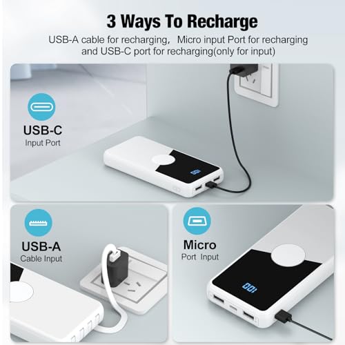 Portable Charger with Built in Cables,High Speed Power Bank 10000mAh Travel Battery Pack 5 Outputs 3 Inputs Portable Phone Charger Backup Battery for iPhone, Samsung, iPad,Tablets (White) - color: White