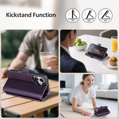 Antsturdy Compatible with MagSafe iPhone 17 Wallet Case,Purple | Detachable Magnetic Credit Card Holder,RFID Blocking,PU Leather Zipper Purse,Wrist Strap Kickstand,Flip Phone Cover for Women - color: (Detachable with Magsafe)-Purple