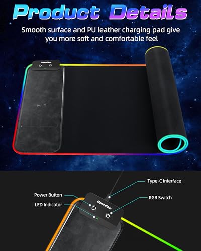 Wireless Charging RGB Gaming Mouse Pad 10W, 31.5"x11.8" Large Desk Mat, 9 Light Modes, Non-Slip Rubber Base, Waterproof Computer Keyboard Mat for Gaming