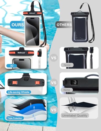 wellhouse Waterproof Phone Pouch, Waterproof Phone Case for iPhone 17 16 15 14 13 Pro Max XS Samsung, IPX8 3D Cellphone Dry Bag Beach Essentials (1 Pack - Black/Red Clasp7.0, 7 inch) - color: 1 Pack - Black/Red Clasp7.0"