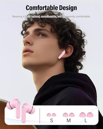 Wireless Earbuds, Bluetooth 5.4 Headphones Bass Stereo/Clear Calls, Pink - color: Pink