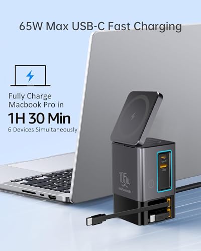 105W Retractable Charging Station, 6-in-1 GaN Charger with Cables