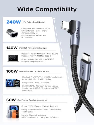 UGREEN 240W Right Angle USB C Cable, PD 3.1 Fast Charging, 3.3ft - size: 3.3FT
