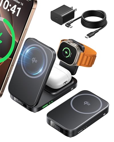 INIU 3 in 1 Foldable Wireless Charging Station, 15W Fast Mag-Safe Charger - color: Black