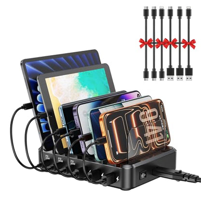 Charging Station for Multiple Devices, 110W 6 Port USB-C Fast Charger Station Dock for iPad iPhone Android Cell Phone Tablet, Family Multi-Device Organizer (6 Short Cables Included)