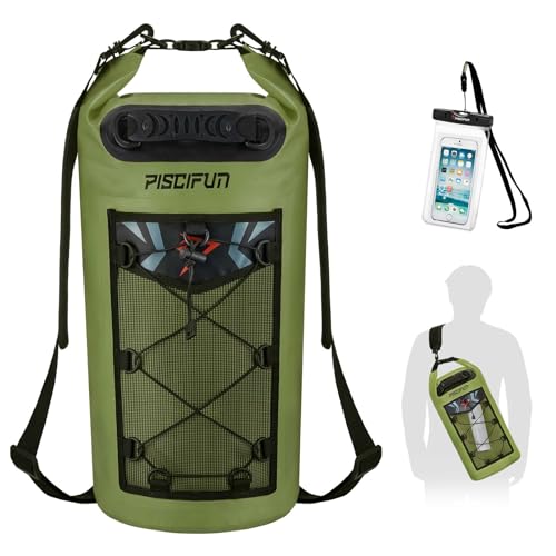 Piscifun Dry Bag, Waterproof Floating Backpack 10L/20L/30L/40L | Waterproof Phone Case, Adjustable shoulder straps, Roll-top closure keeps gear dry, Ideal for Boating, Kayaking, Fishing - color: Army Green, style: 20l