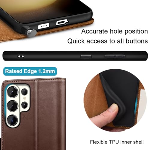 KEZiHOME Genuine Leather Wallet Case for Samsung Galaxy S26 Ultra Brown | Brown, RFID Blocking Card Holder, Kickstand, Magnetic Protective Phone Folio Cover, Compatible with S26 Ultra - color: Brown, size: Galaxy S26 Ultra Case