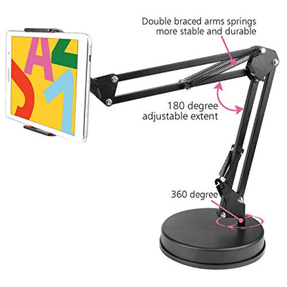 Overhead Phone Mount Stand ChromLives Phone Video Stand Articulating Arm Phone Mount Table Top with Base Adjustable 360° Cell Phone Tablet Holder Mount Desktop Compatible with Phones, Tablets, iPad - color: Black2